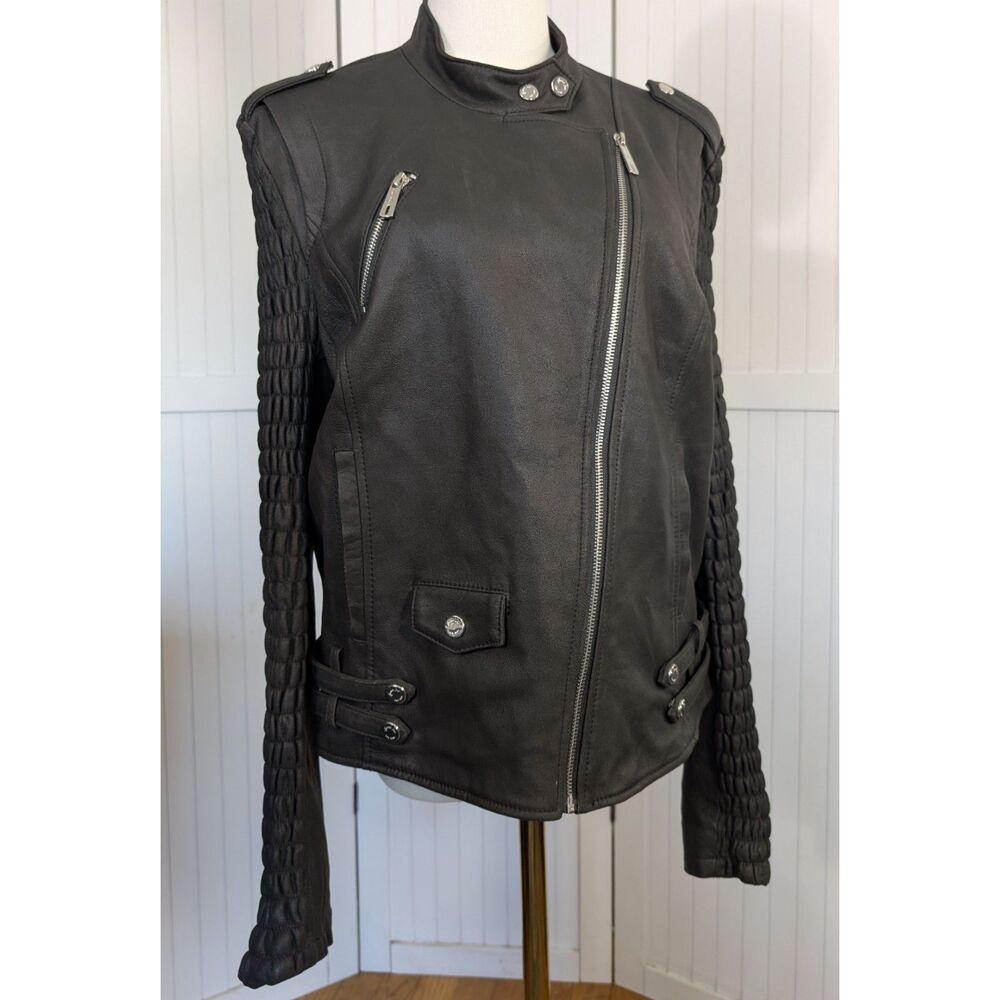 Kenneth Cole Leather Moto Jacket Black Cropped Quilted Sleeve XL
